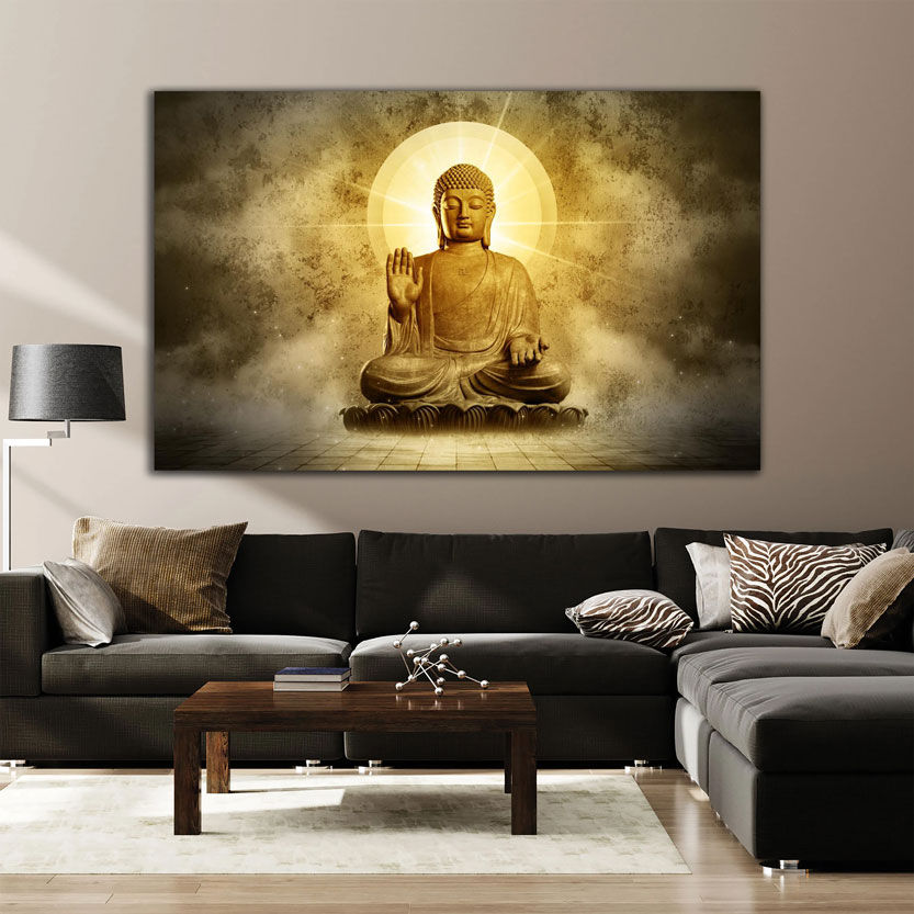 Majestic Golden Buddha in Meditation Canvas Art - Displayed in Contemporary Living Room - Canvas Groove India
