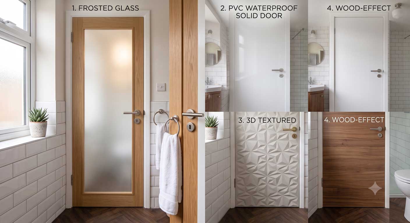 bathroom door wallpaper design options frosted PVC 3D wood effect