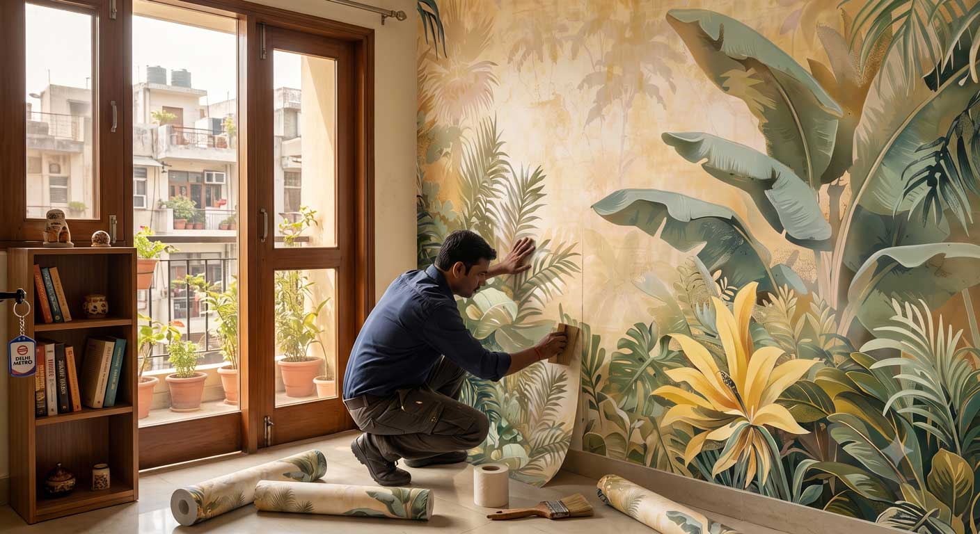 ready-made wallpaper roll installed on Delhi apartment wall