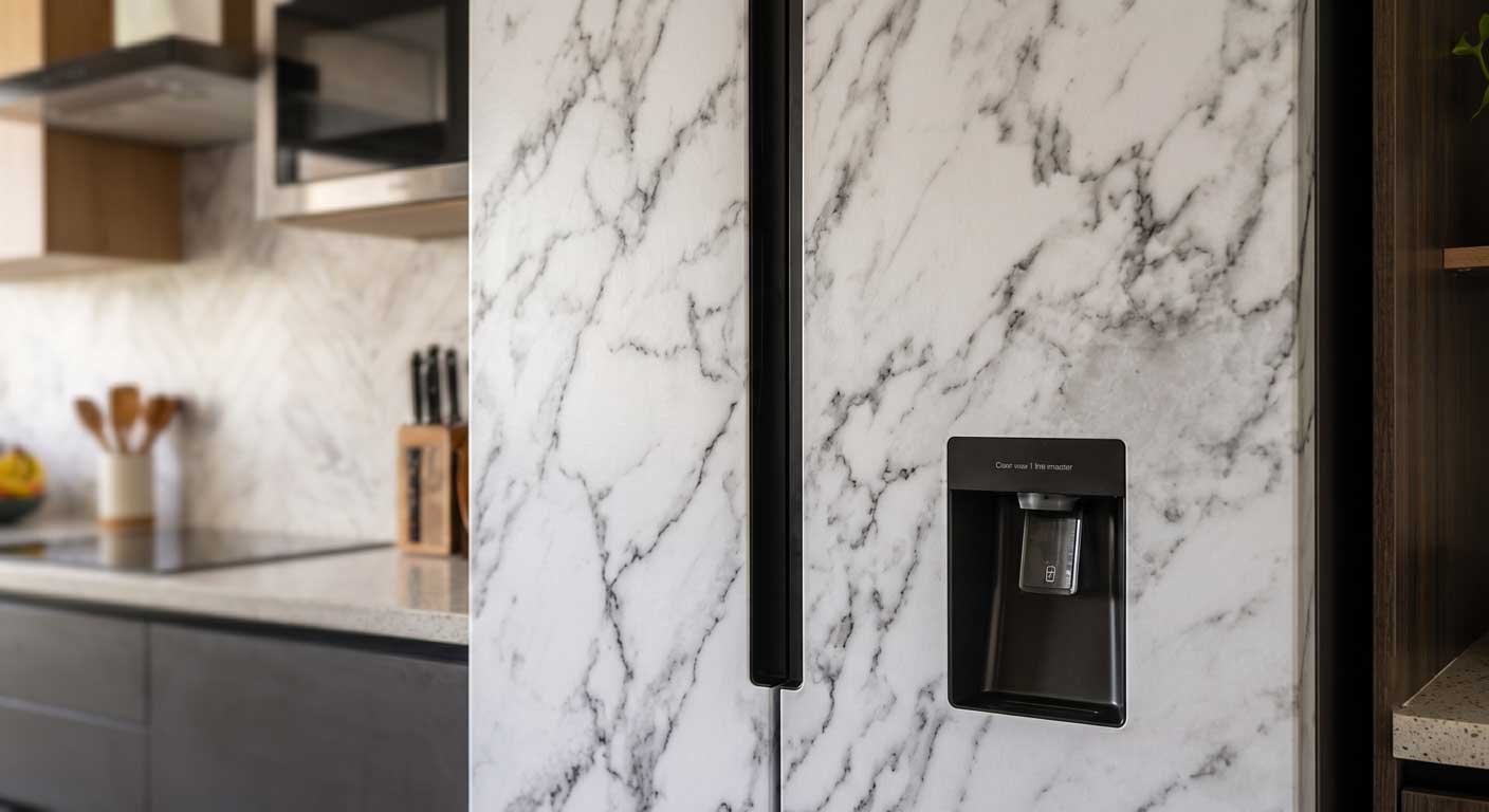 White marble texture wallpaper on refrigerator door