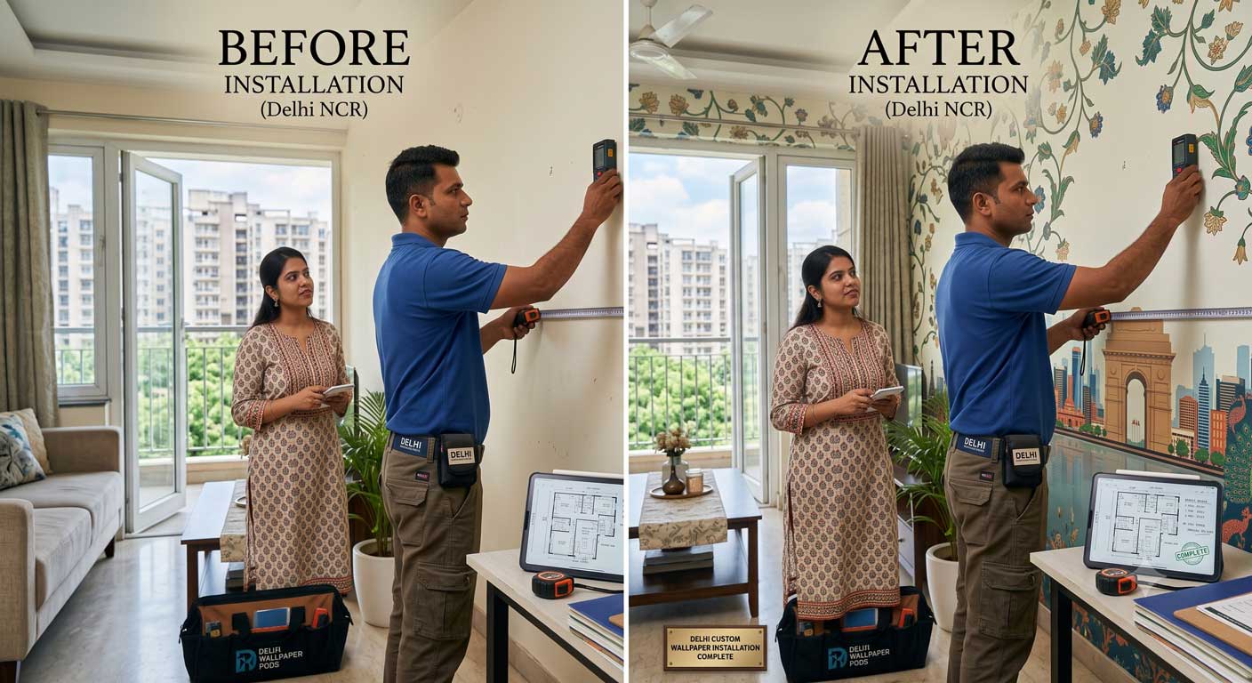 before and after custom wallpaper installation Delhi NCR