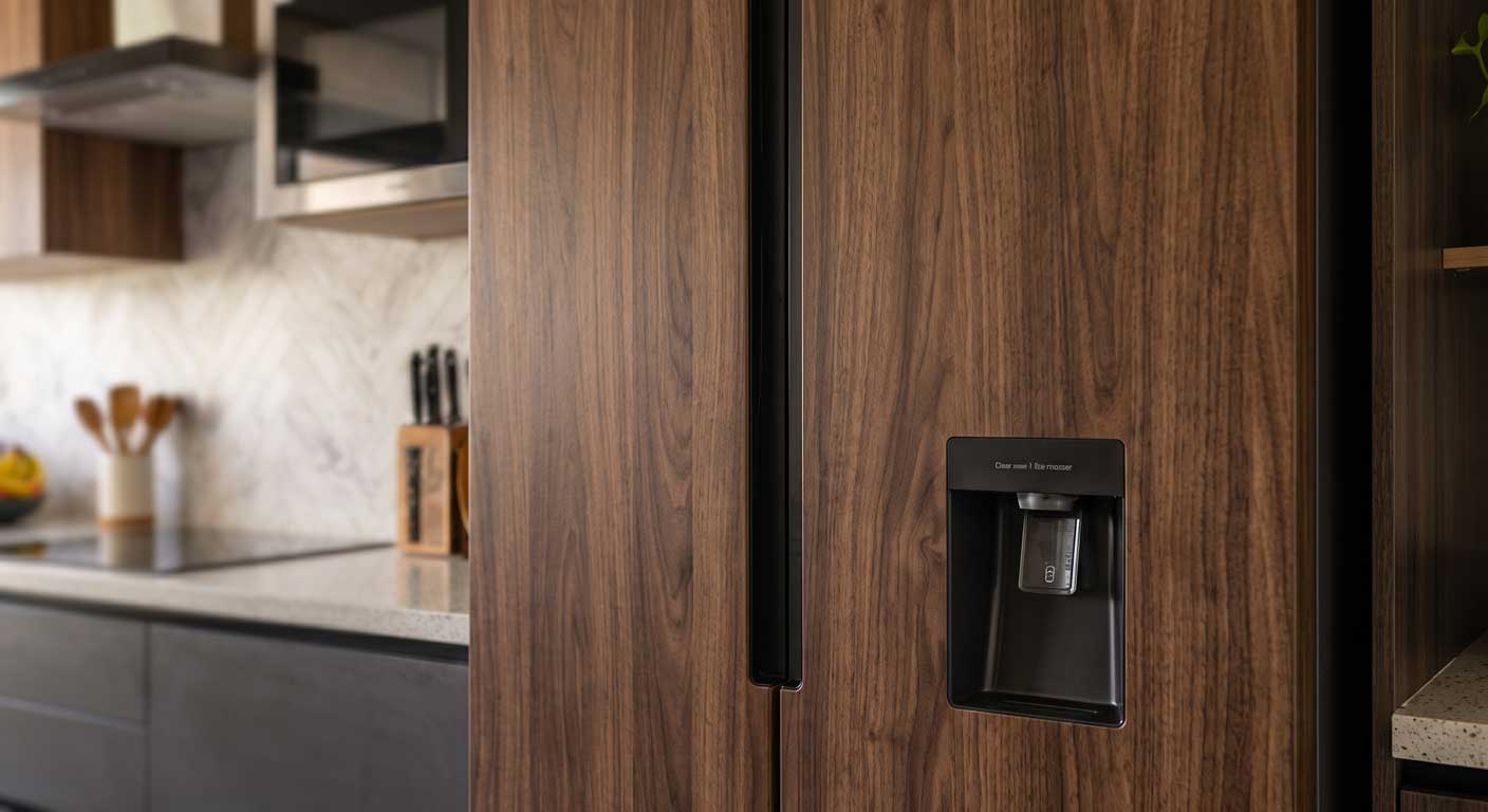 Wood grain fridge wallpaper matching kitchen cabinets