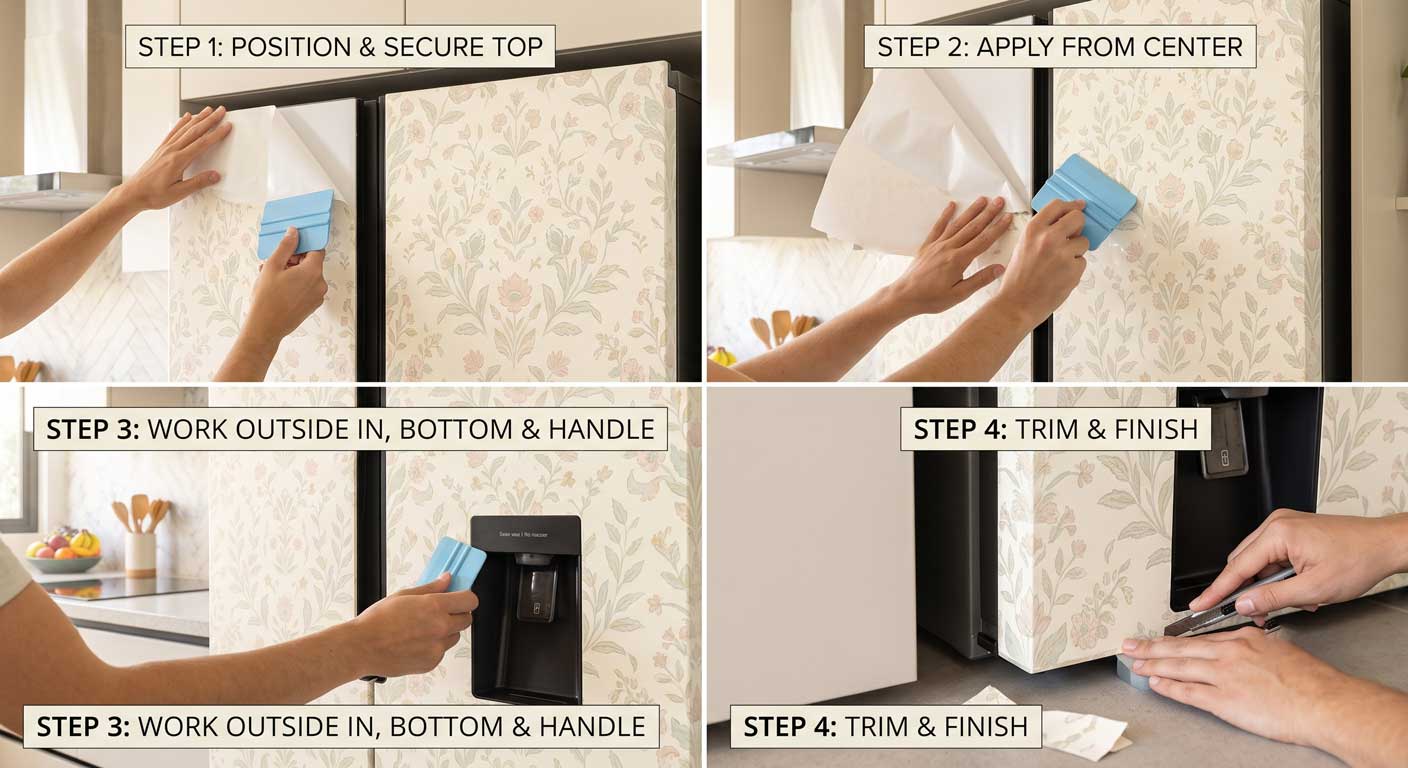 Step-by-step or single image of someone applying wallpaper with a squeegee