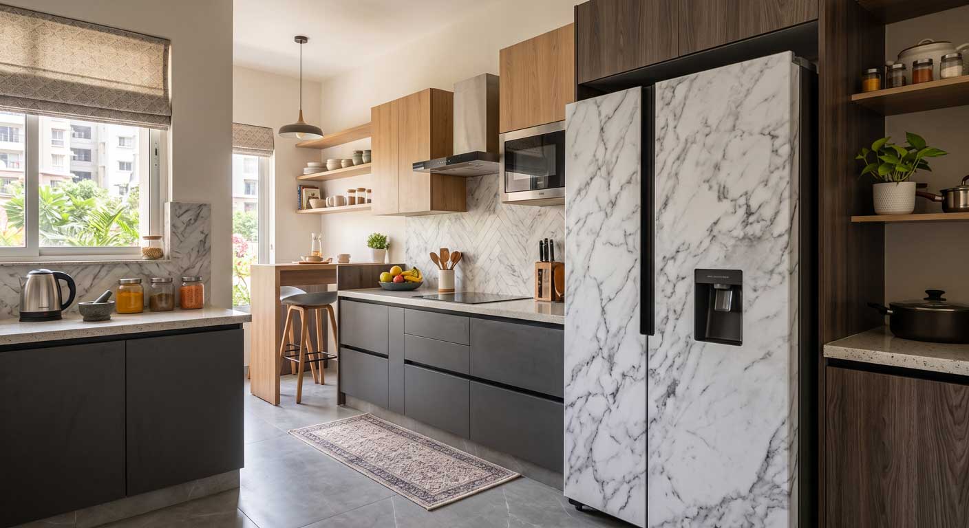 Marble texture fridge wallpaper in modern Indian kitchen
