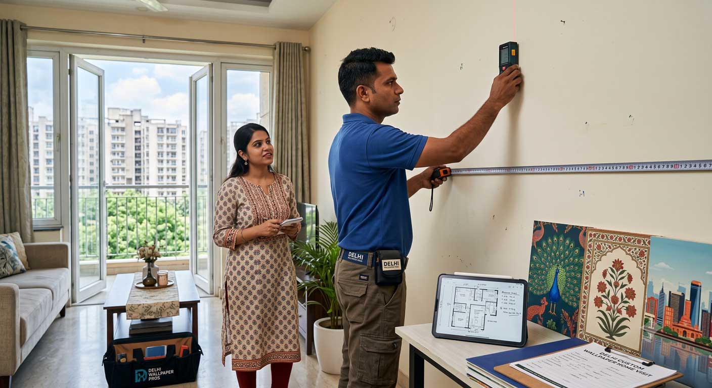 wallpaper installer measuring wall for custom wallpaper home visit Delhi