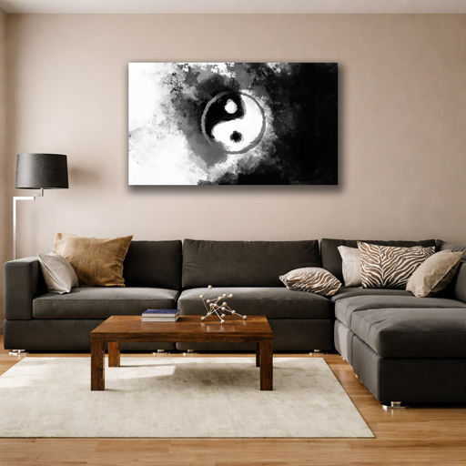 Abstract Black & White Watercolor Yin Yang Canvas Art - Displayed in Contemporary Living Room - Canvas Groove India