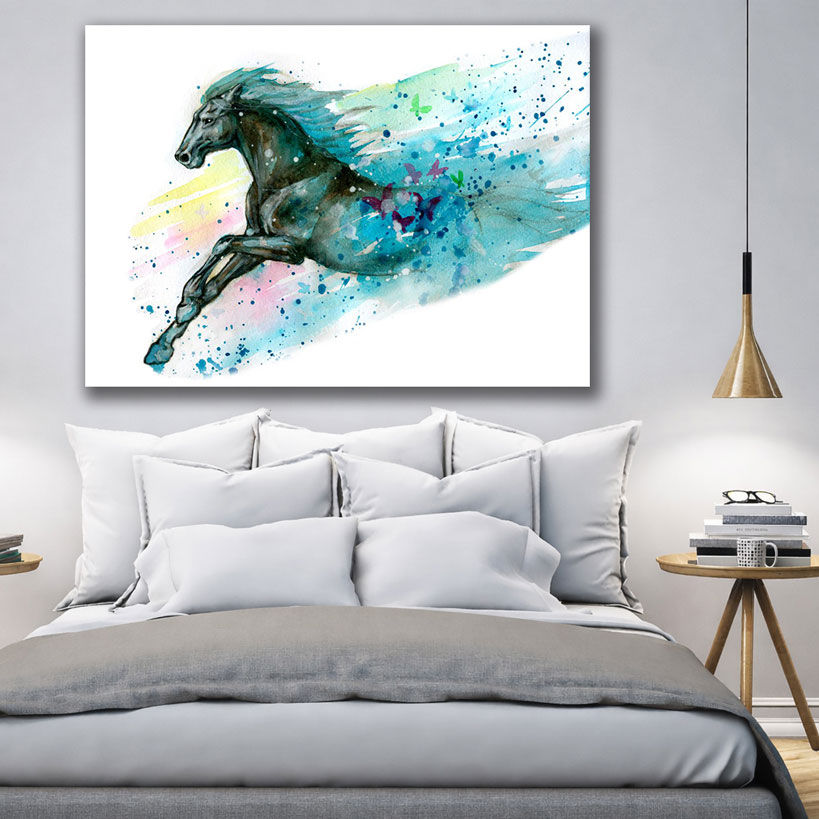 Painted Sunset Horse Big Canvas Art - Displayed in Modern Bedroom - Bedroom Wall Decor India - Canvas Groove India