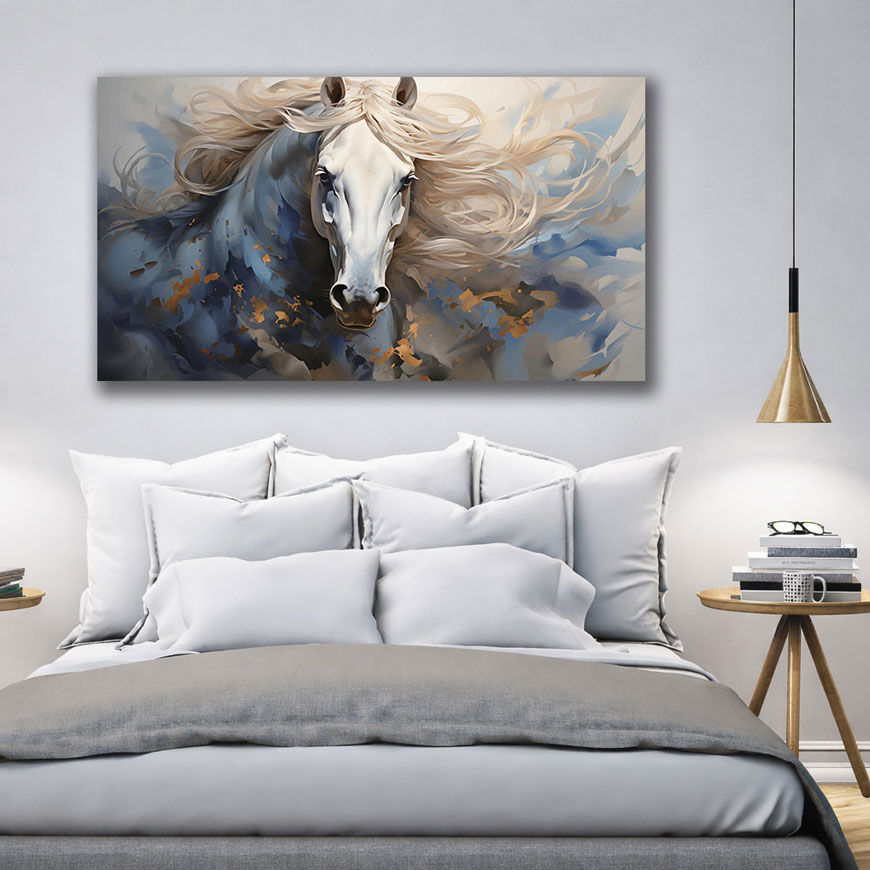 Serene Pasture Horse Canvas - Displayed in Modern Bedroom - Bedroom Wall Decor India - Canvas Groove India