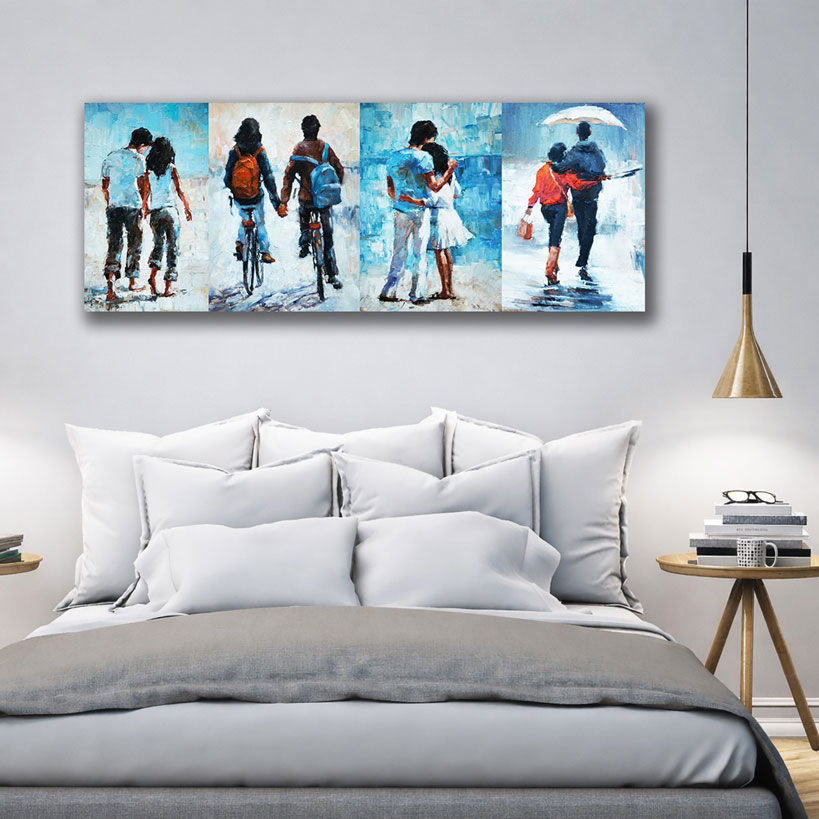 Romantic Red Umbrella Couple Canvas Wall Art - Displayed in Modern Bedroom - Bedroom Wall Decor India - Canvas Groove India