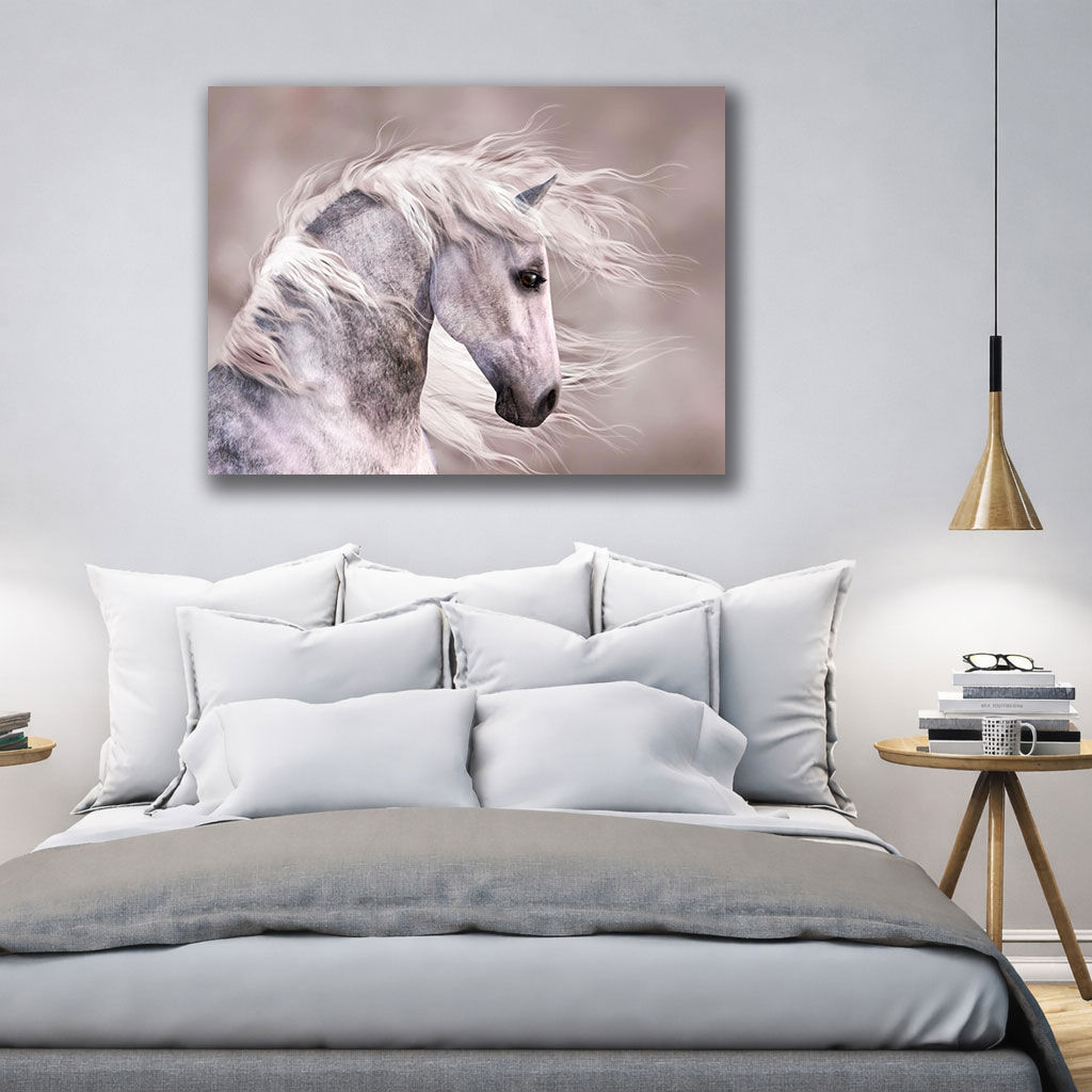Majestic Running Horse Canvas Wall Art - Displayed in Modern Bedroom - Bedroom Wall Decor India - Canvas Groove India