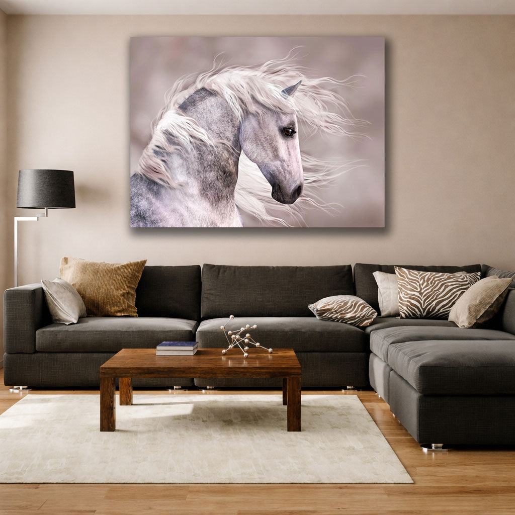 Majestic Running Horse Canvas Wall Art - Displayed in Contemporary Living Room - Canvas Groove India