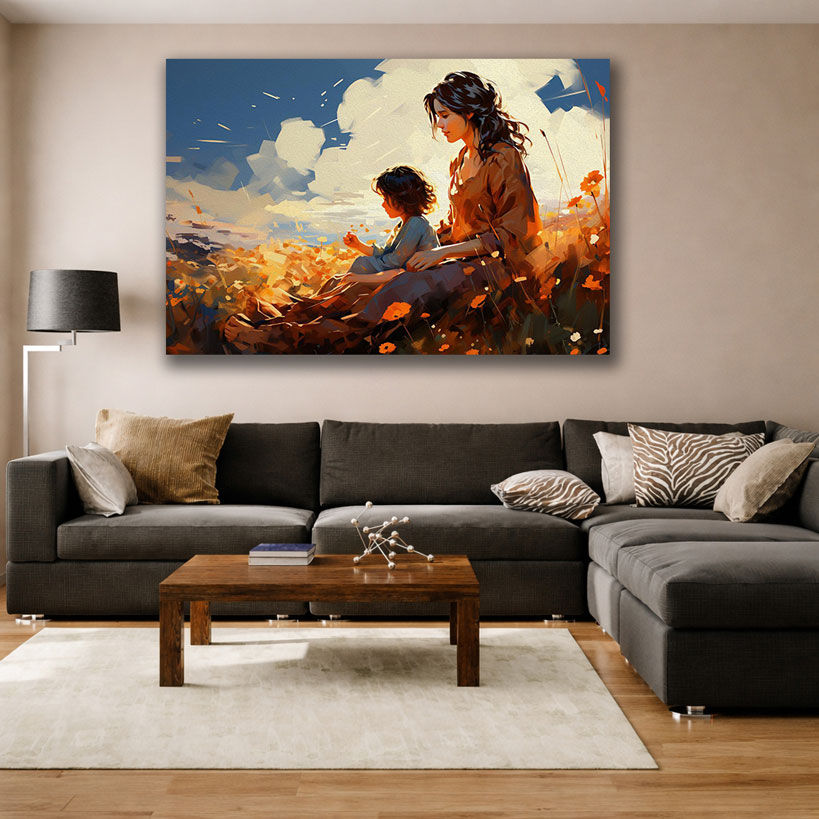 Watercolor Mother and Child Canvas - Displayed in Meditation or Yoga Room - Meditation Room Decor India - Canvas Groove India