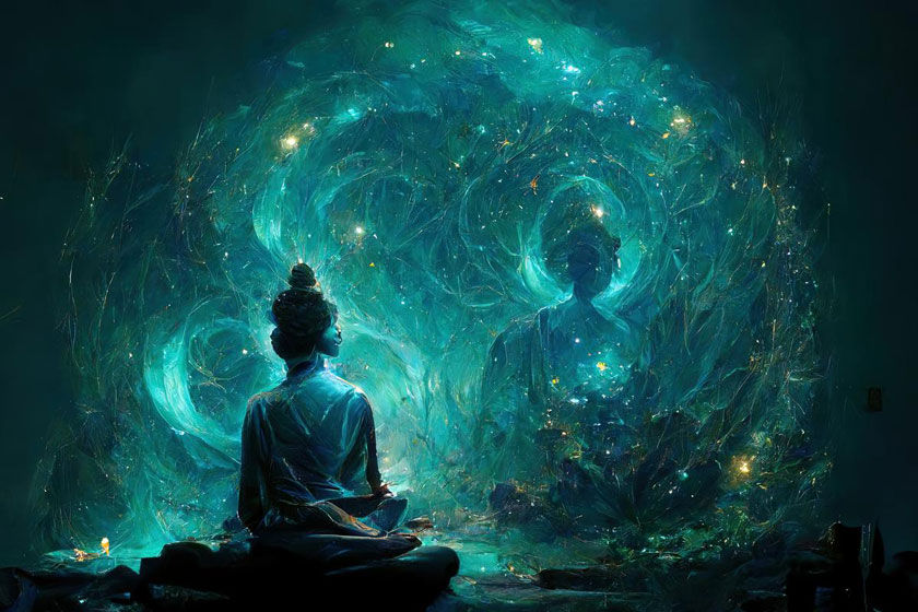 Mystical Cosmic Aura Meditating Buddha Canvas Art - Premium Buddha Canvas Print - Close-up View - Canvas Groove India