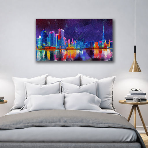 Neon Starry Night Dubai Skyline Canvas Art – view 4