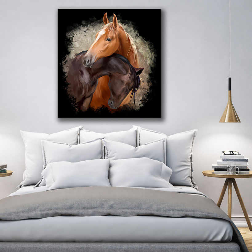 Vintage Galloping Horses Canvas Painting - Displayed in Contemporary Living Room - Canvas Groove India