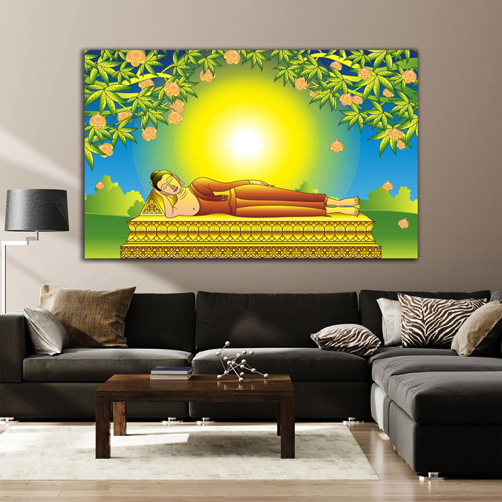 Vibrant Reclining Buddha Under the Bodhi Tree Canvas Art - Displayed in Contemporary Living Room - Canvas Groove India