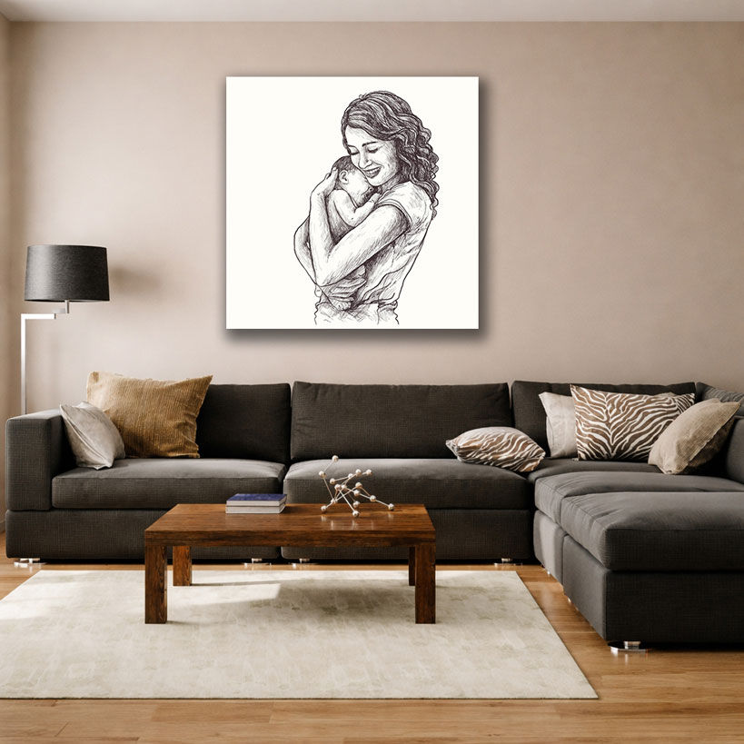 Silhouette Mother and Baby Wall Art - Displayed in Contemporary Living Room - Canvas Groove India