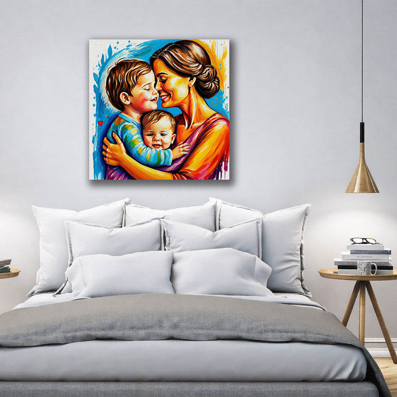Classic Mother and Child Framed Canvas - Displayed in Modern Bedroom - Bedroom Wall Decor India - Canvas Groove India