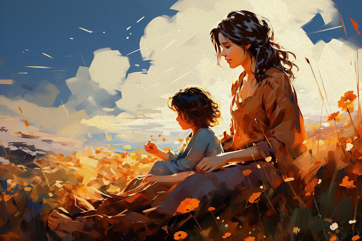 Watercolor Mother and Child Canvas - Displayed in Modern Bedroom - Bedroom Wall Decor India - Canvas Groove India