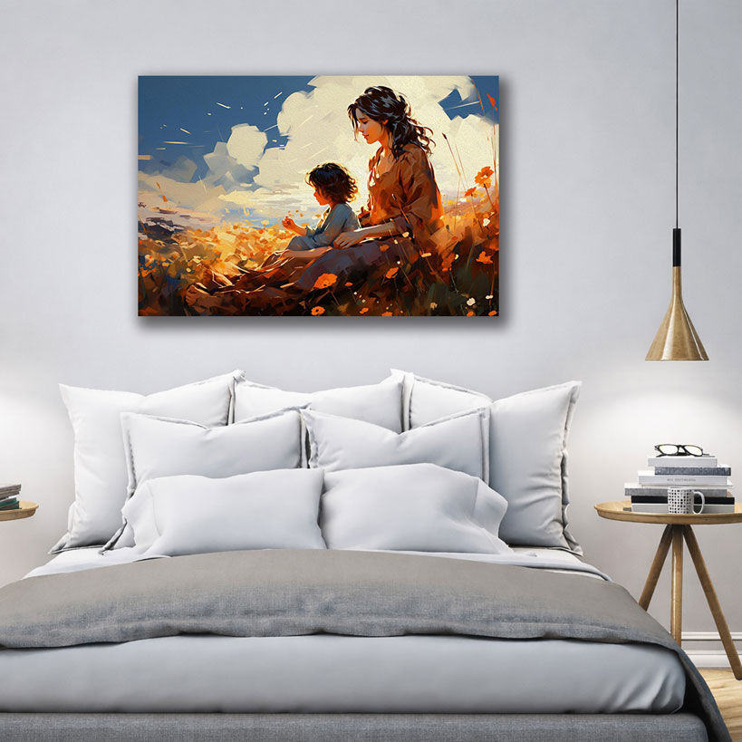 Watercolor Mother and Child Canvas - Displayed in Modern Bedroom - Bedroom Wall Decor India - Canvas Groove India