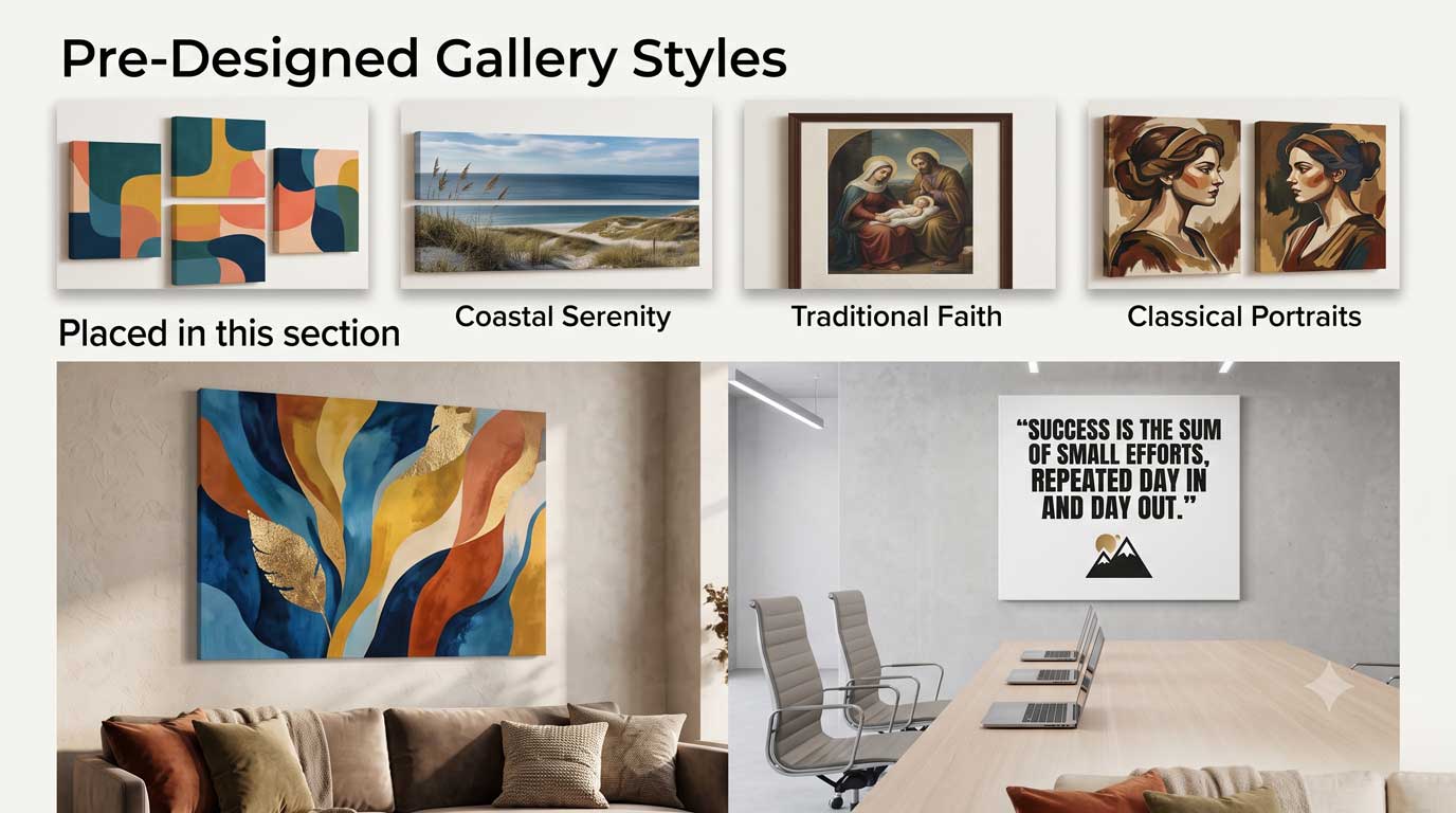 Modern canvas wall art styled for a home living room and an office space