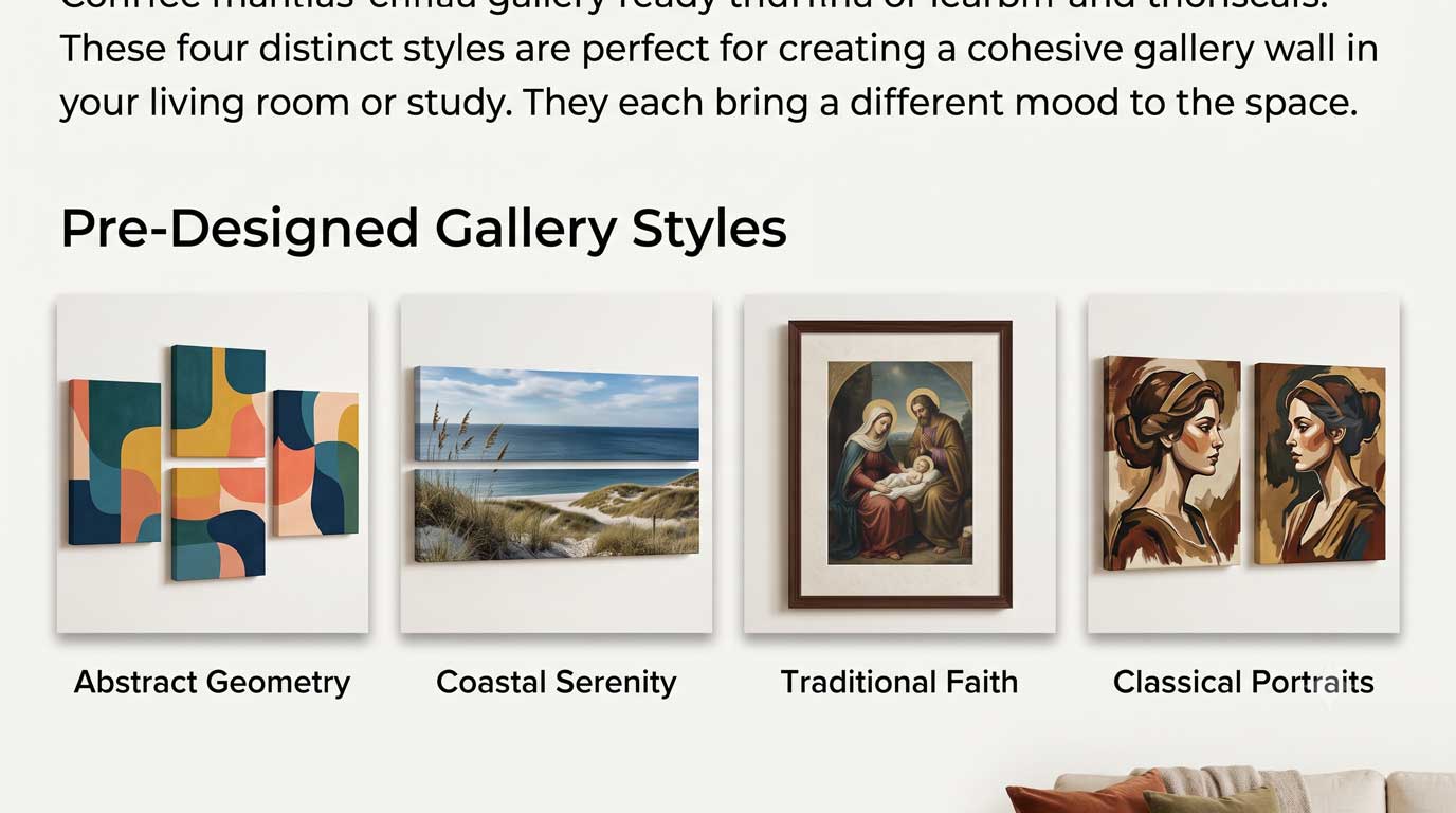 Comparison of pre-designed canvas wall art styles including abstract, landscape and religious canvas