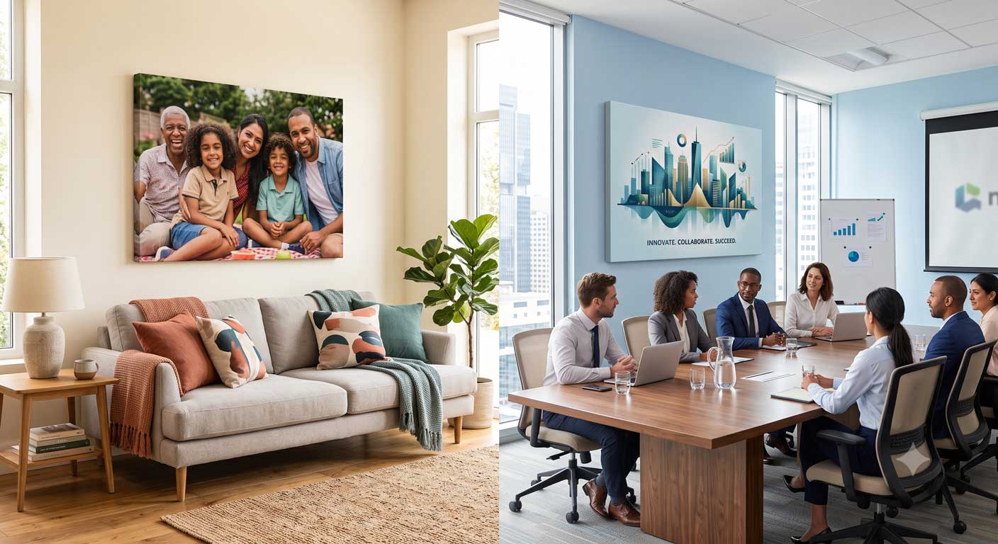 Custom canvas wall art styled for a home living room and an office meeting room