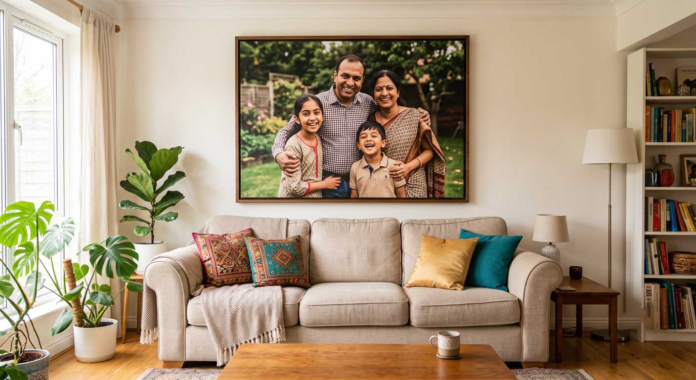 Custom canvas print of a family photo hanging above a living room sofa