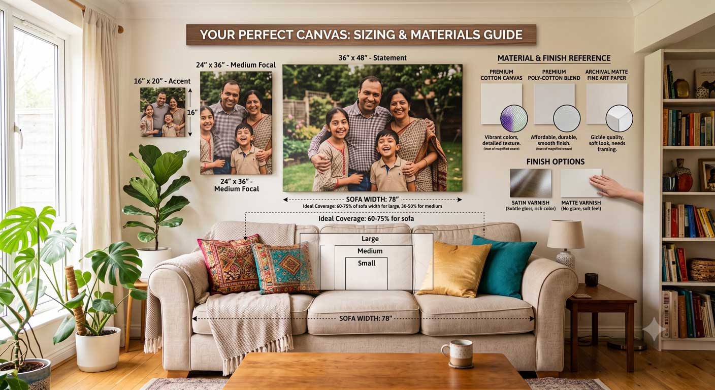 Custom canvas size guide chart comparing small, medium and large canvas prints