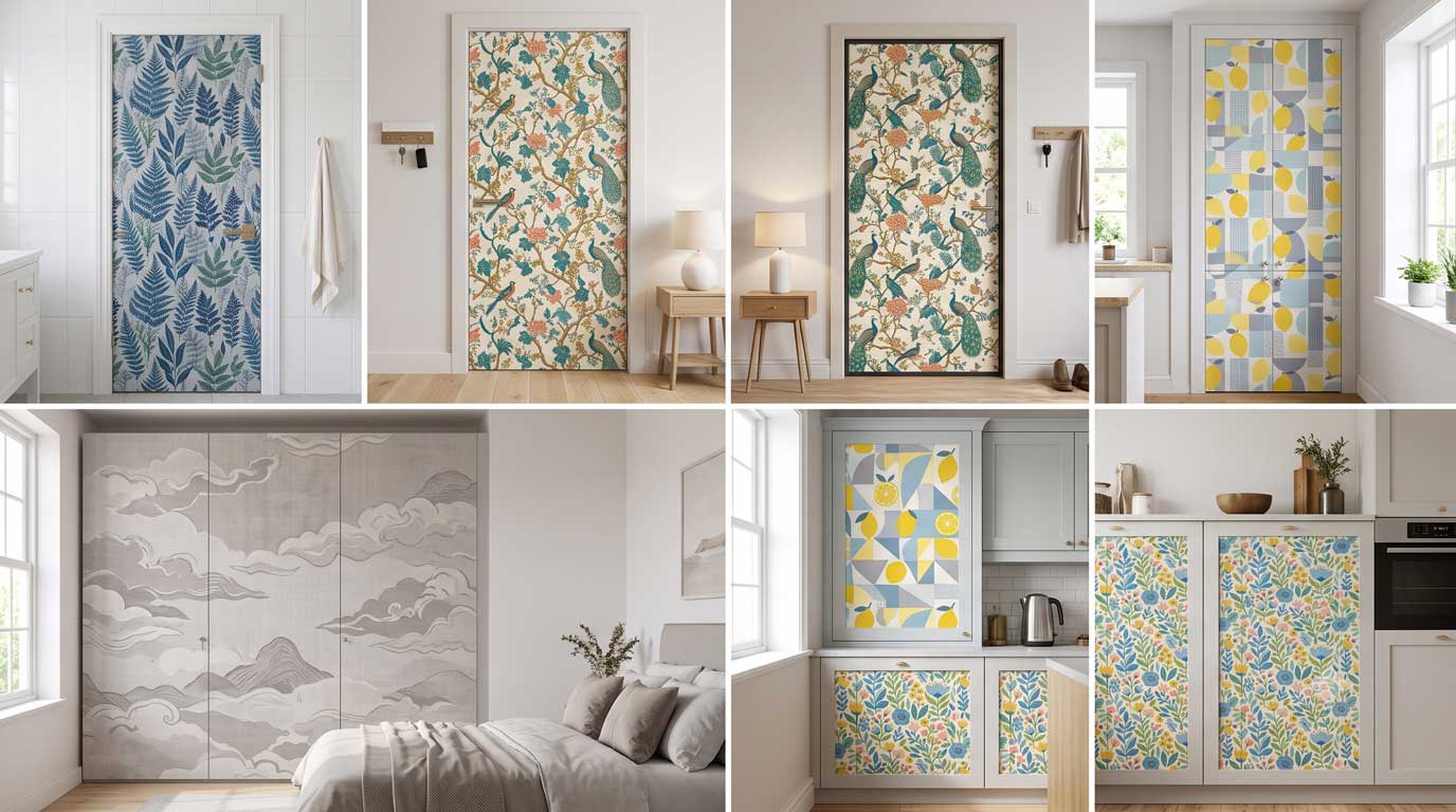 Door wallpaper designs for bathroom, main door, wardrobe, and kitchen cabinet doors
