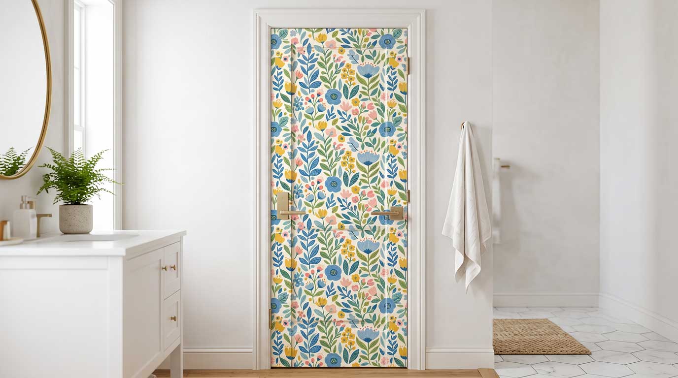 Door wallpaper applied to a bathroom door with a decorative design