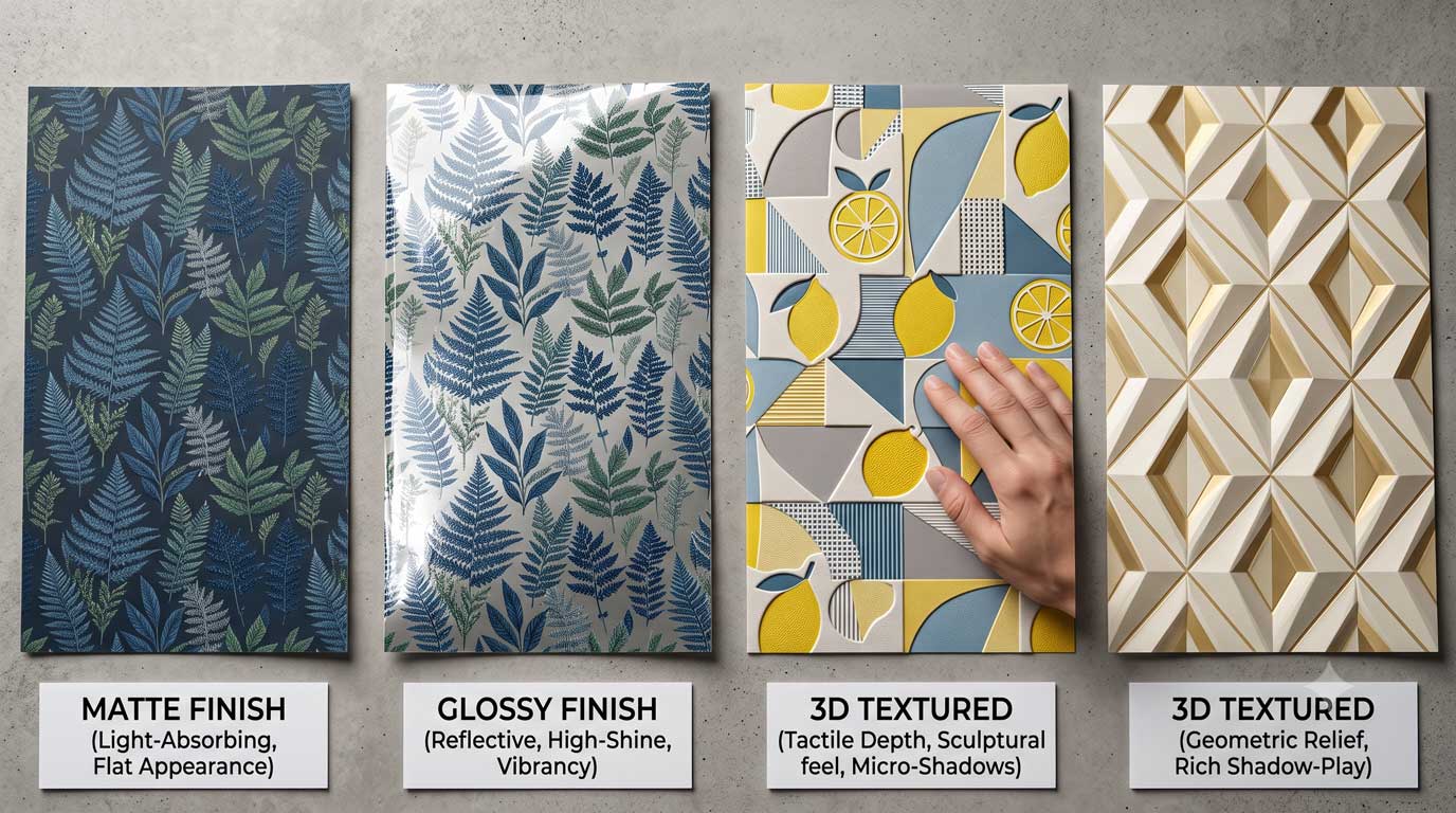 Door wallpaper material guide comparing matte, glossy and 3D textured finishes