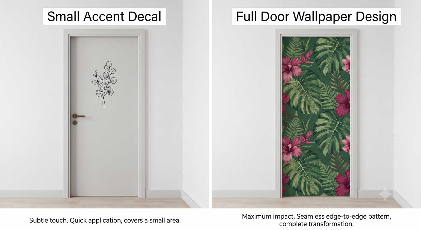 Comparison of a small door sticker versus full door wallpaper coverage