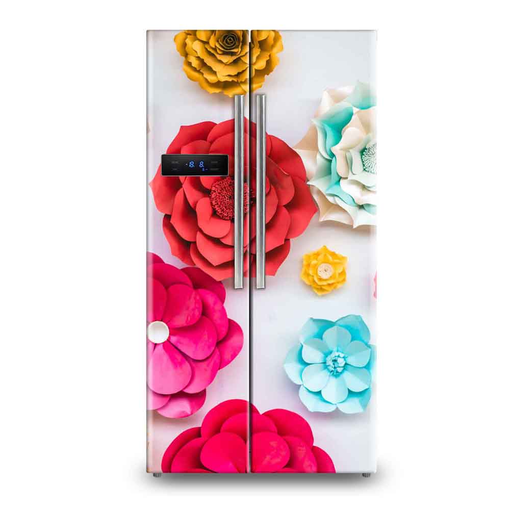Vibrant Floral Garden Fridge Wallpaper Sticker - Realistic Pink Rose Vinyl Wrap