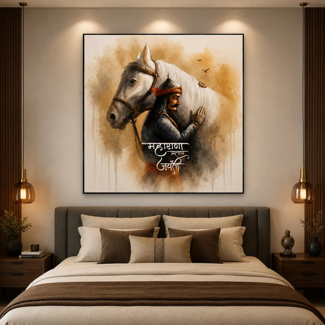 Maharana Pratap painting With Chetak - Displayed in Modern Bedroom - Bedroom Wall Decor India - Canvas Groove India