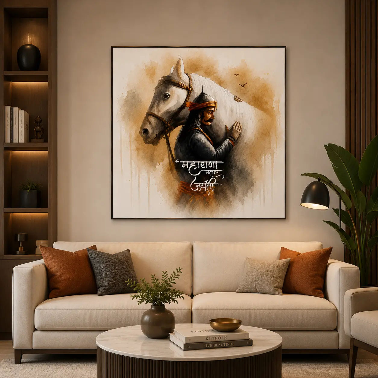 Maharana Pratap painting With Chetak - Displayed in Contemporary Living Room - Canvas Groove India