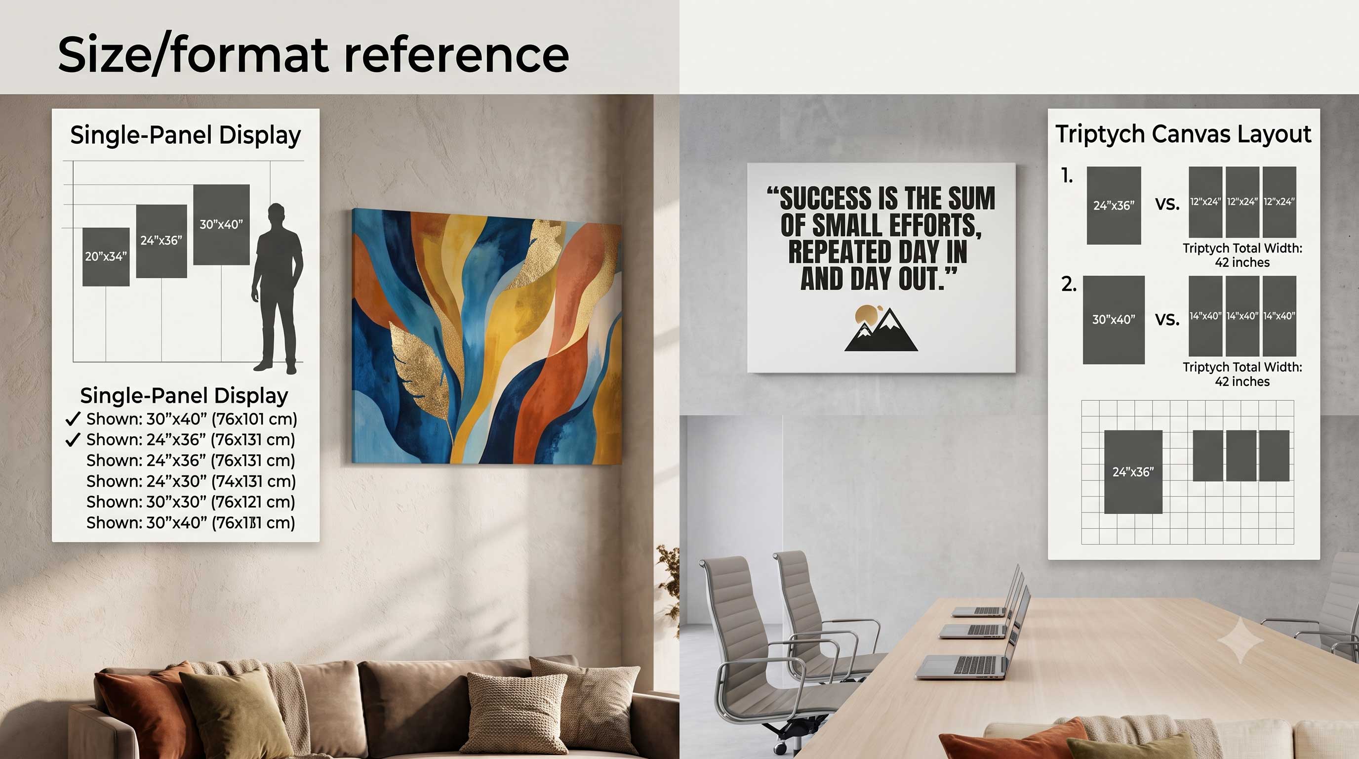 Size guide chart for pre-designed canvas wall art including single panel and triptych formats
