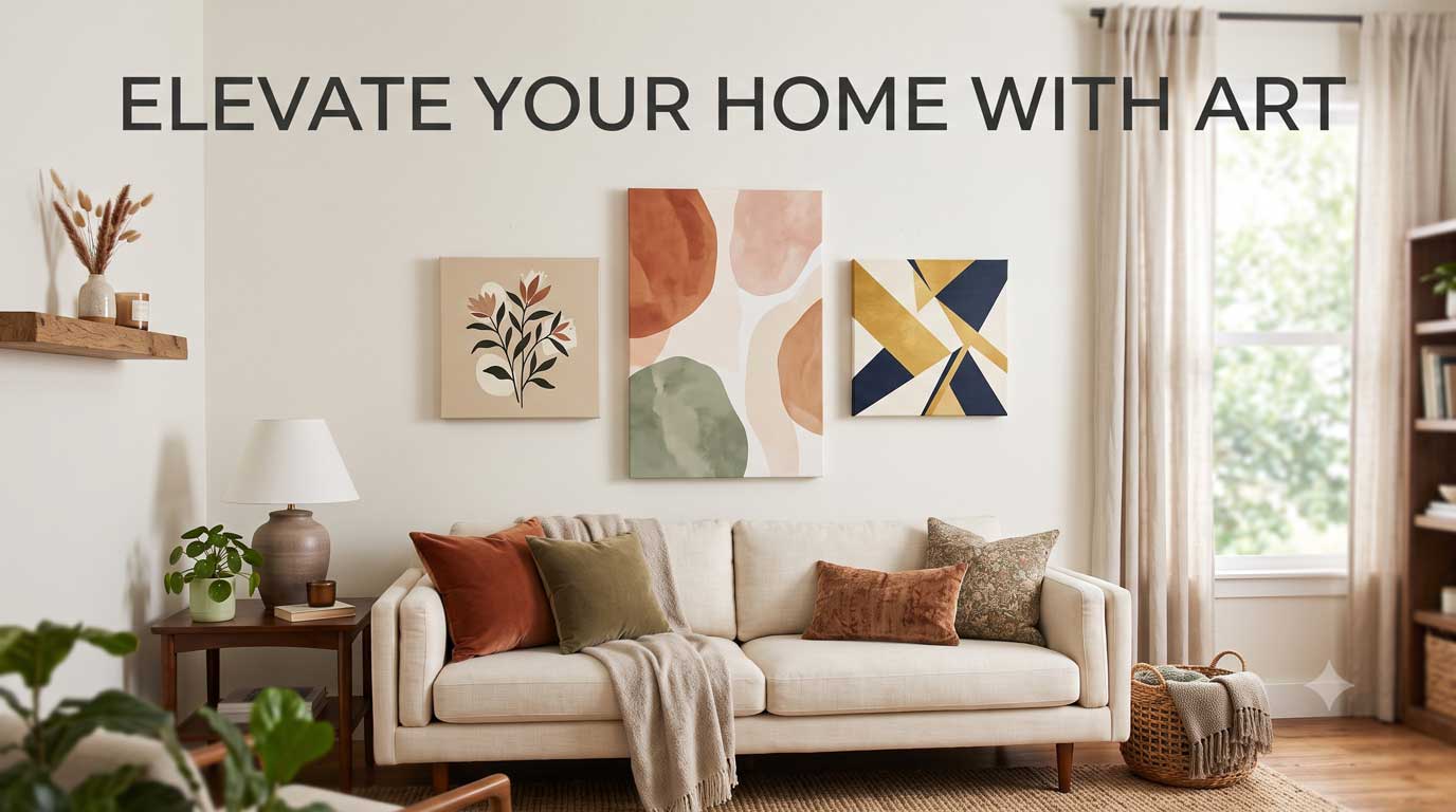 Pre-designed canvas wall art grouped on a living room wall