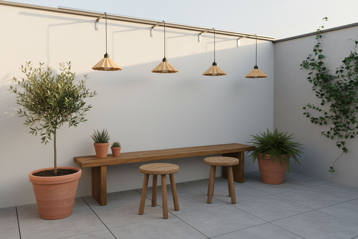 Cuatro lámparas colgantes LILI beige en terraza con cable de acero tensado