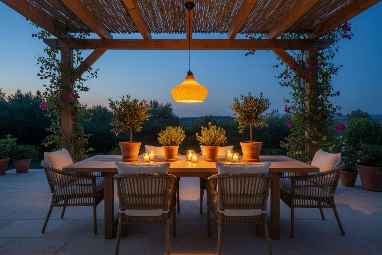 Lámpara colgante DAILA beige encendida en terraza escandinava al atardecer creando ambiente cálido