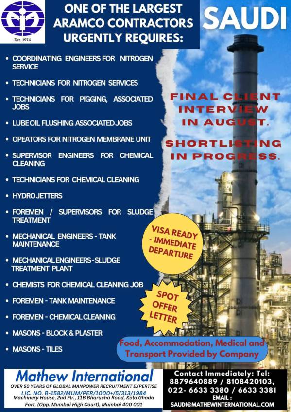 Vacancy in Saudi Arabia Company Aramco Contractor in Saudi Arabia - Mathew International