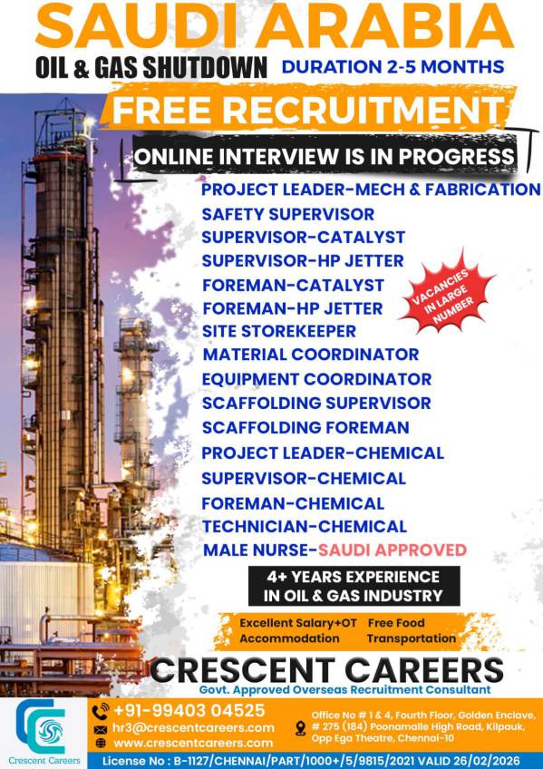 Vacancy in Saudi Arabia Company Crescent Careers - Oil & Gas Shutdown in Saudi Arabia