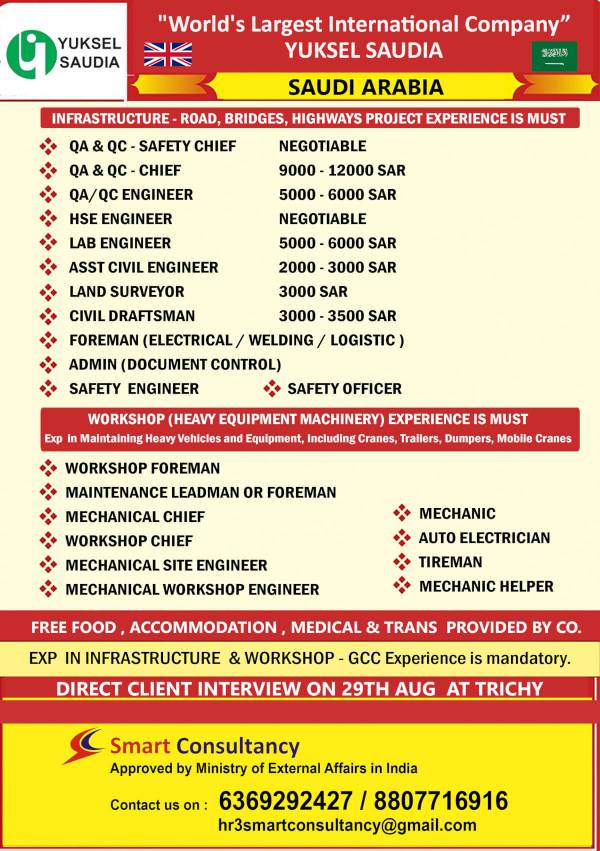 Vacancy in Saudi Arabia Company YUKSEL SAUDIA - Infrastructure & Workshop Positions in Saudi Arabia