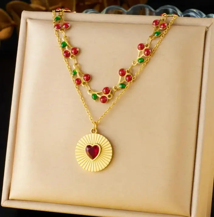 Vista 1 de Cadena Medalla Corazones con patrón de corazón acero inoxidable 304 en chapado