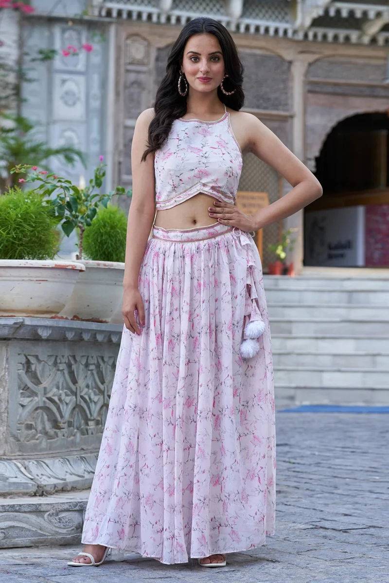 Green & White Floral Printed Georgette Crop Top Lehenga