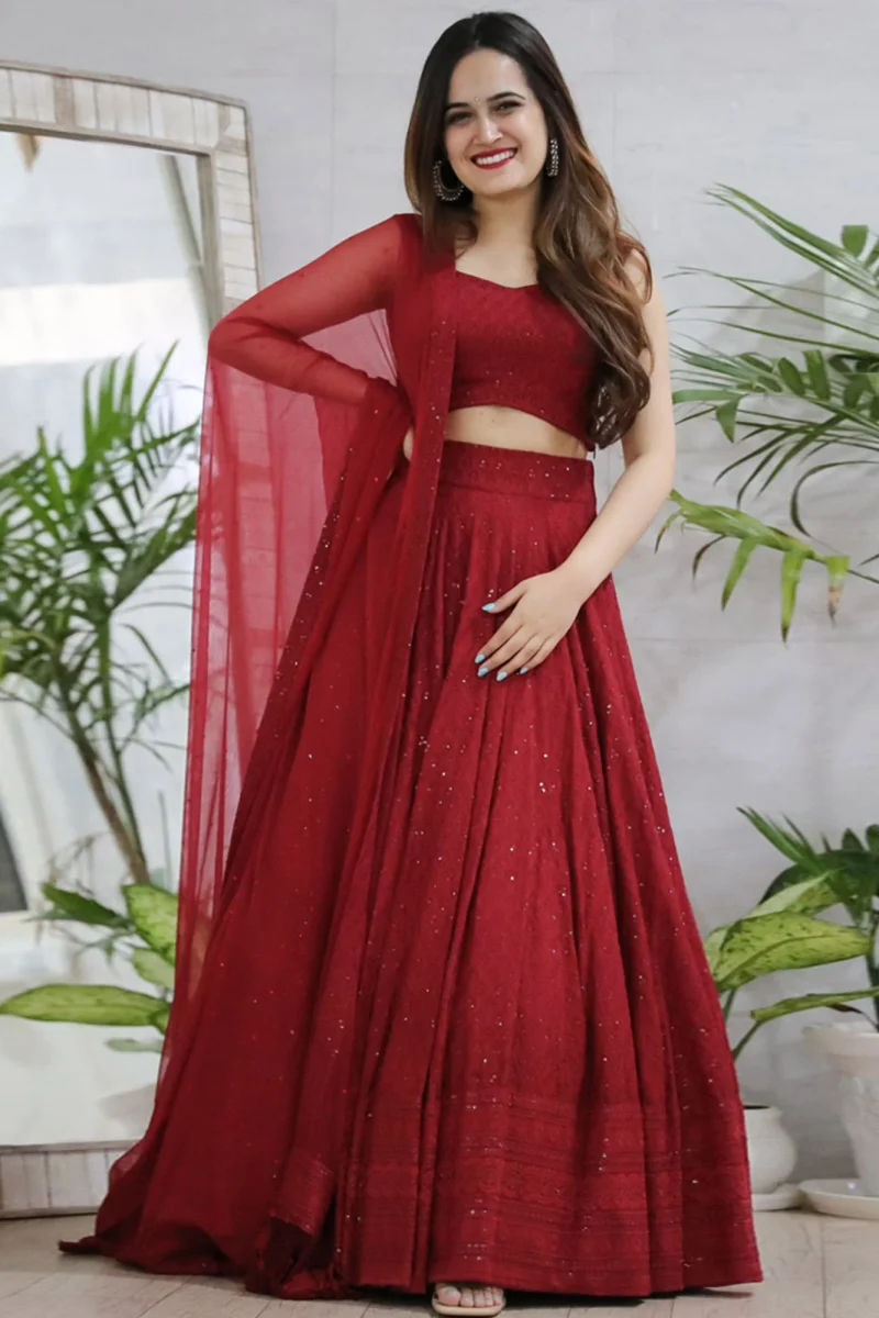 Red Lucknowi With Sequins Work Rayon Lehenga Choli