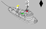A vessel engaged in towing. Carries two masthead lights (one above the other), sidelights, stern light, towing fire over the stern
Translated by «Yandex.Translator»