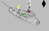 Судно, занятое буксировкой. Несет два топовых огня (один над другим), бортовые огни, кормовой огонь, буксировочный огонь над кормовым
