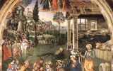 "Navidad" de Bernardino di Betto, conocido como Pinturicchio (o Pintoricchio). Cappella Baglioni Pinturicchio (1501)Se cree que el autor reprodujo dos objetos voladores (Ovnis): a la izquierda, suspendido en el cielo sobre una colina, y en la punta de un ciprés (una esfera de color gris anaranjado).De hecho, el objeto más grande es el Sol, a menudo representado en tales escenas. El segundo objeto luminoso en el cielo, el que está a la izquierda del ciprés, es la estrella de los reyes magos, vista en la escena de abajo con regalos para el Bebé. En la imagen de la derecha, vemos a un pastor mirando hacia el cielo en la dirección de una estrella.