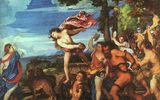 Tiziano Vecellio "Baco y Ariadna" (1520-1523) (galería nacional, Londres)La" formación de objetos voladores no identificados " es un círculo formado por ocho luces en el cielo en la parte superior izquierda.Del" diccionario de objetos y símbolos en el arte " de James Hall:
"La iconografía clásica representa a Ariadna durmiendo cuando Dios viene (...), pero según Ovidio, en ese momento ella lloraba su destino: por lo tanto, los pintores Renacentistas y los pintores posteriores generalmente la retratan despierta. Baco agarró la preciosa corona de Ariadna y la arrojó al cielo. y se convirtió en una Constelación. (...) Baco es representado llegando a un lugar a caballo en su carro, a veces con un séquito. Salta al Suelo o levanta a Ariadna a su lado. Se quita la corona, o ya está en el cielo en forma de un brillante círculo de estrellas."
Así, el círculo de estrellas en el cielo representa la corona de Ariadna, que en un cuento mitológico se transforma en la Constelación de la Corona del Norte.